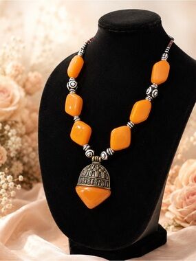 Orange Beaded Statement Necklace - Unbranded